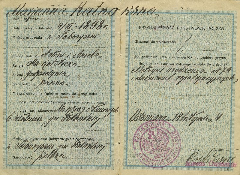 KKE 5272-3.jpg - Dok. Dowód osobisty Marianny Katkowskiej (ur. 4 III 1898 r. w Taboryszkach) – córka Antoniego i Anieli, Oszmiana, 14 XI 1924 r.